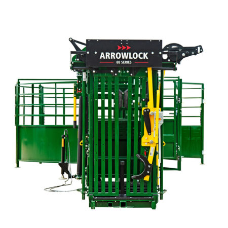 Head on view of the Arrowlock 88 portable chute, alley and tub set up with a head holder