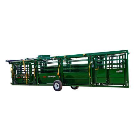 Side view of the Arrowlock 88 portable cattle chute alley and tub ready for transportation