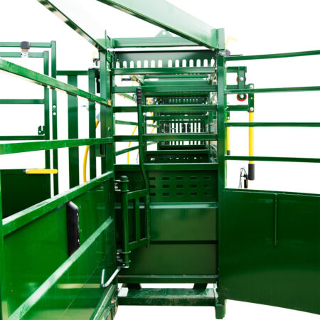 View of the alley with closed rolling doors on the Arrowlock 88 portable cattle handling system