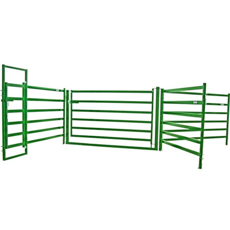 No bow cattle gate attached to 10 foot man gate cattle corral panel and 8 foot and 10 foot cattle corral panels