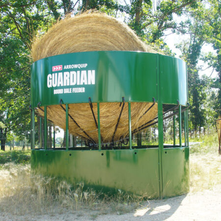 Round bale feeder with hay front view