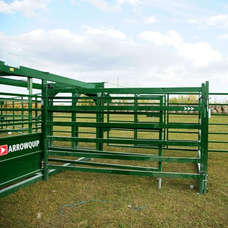 Close up of the standard bud box set up in one of the portable corral system pens to assist with cattle flow