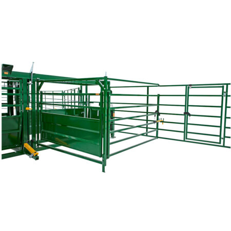 Heeler 87C Fold-out Bud Box set up attached to the Manual Portable Corral