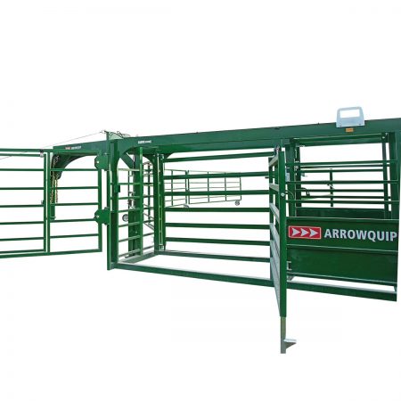 Side view of portable corral system with side gate open to the double alley