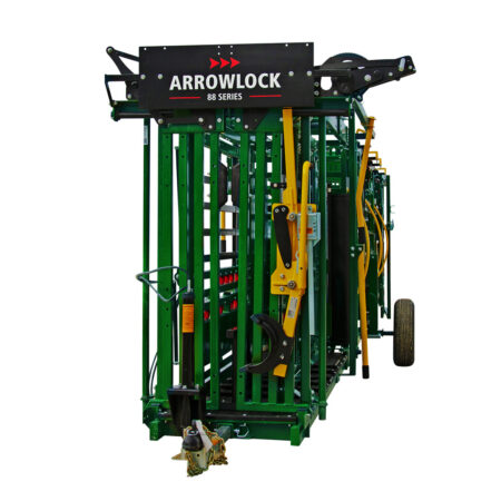 Head on view of the Arrowlock 88 portable chute alley and tub ready for transportation
