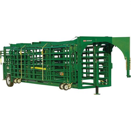 Other front angle side view of the Heeler portable corral system jacked up with wheels attached and ready for transport