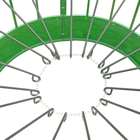 Strong chain and shepherd hooks support hay bale in feeder